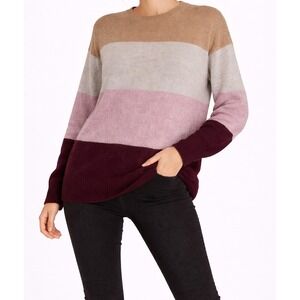 Women's H&M Beige Pink Color Block Striped Knit Crewneck Sweater Size M